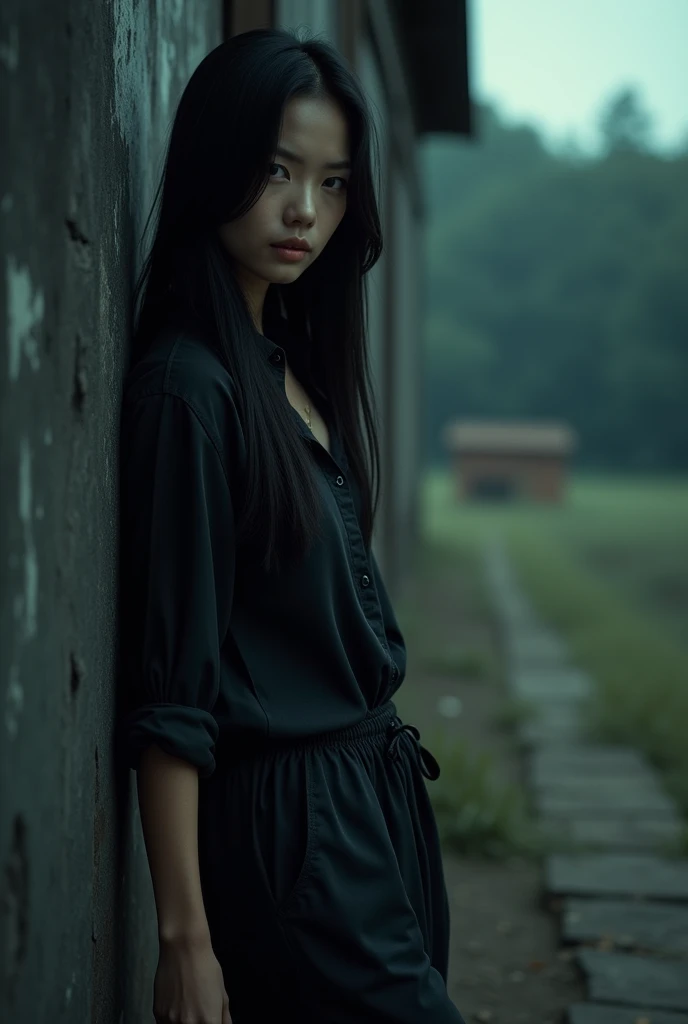 black hair, Bullish, black loose clothes, shirt and pants, black boot, longye hair, dark shaped eyes, a 30 year old woman, in a place at dusk, leaning against something, waiting for someone., Surrealism, 8k, super detail, high details, high quality, make h...