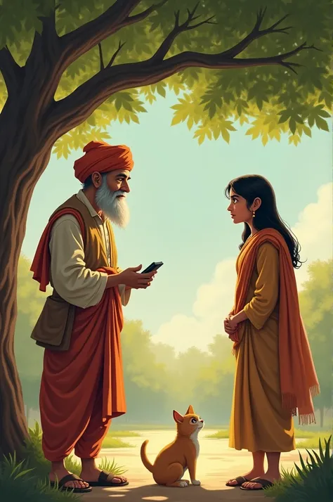 Image Description: An elderly man (बाबू जी) with a kind smile, sitting under a tree, giving advice to Rajoo, who looks disinterested. His sister, सीमा, stands nearby, looking concerned.