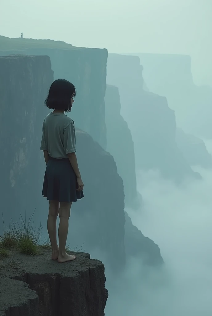 A five foot 4 inch 65 kg woman with wolf cut hair around shoulder length dress kinda masculine and very simple... Standing at the edge of a cliff looking out into depths and kinda cloudy, just contemplating life. Black hair.. Light brown skin.. Asian.... V...