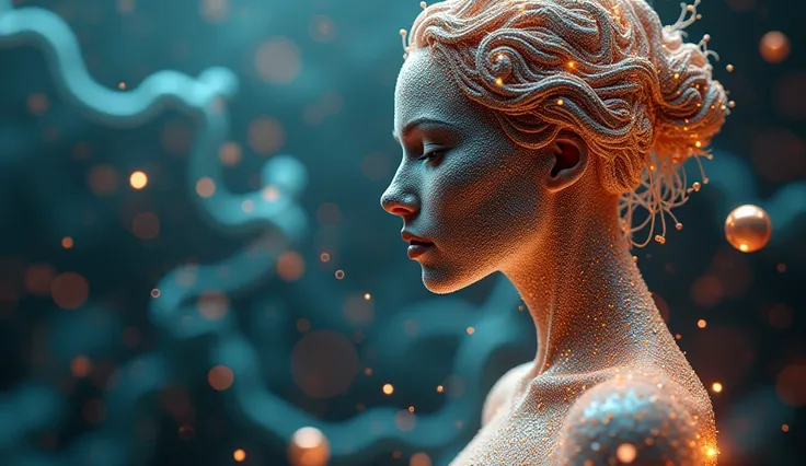 A digital artwork of a female figure composed of intricate geometric lattice structures, molecular formations, and crystalline interference patterns. The artwork is a blend of 3D render, painting, and conceptual art. The feminine figures silhouette is a co...