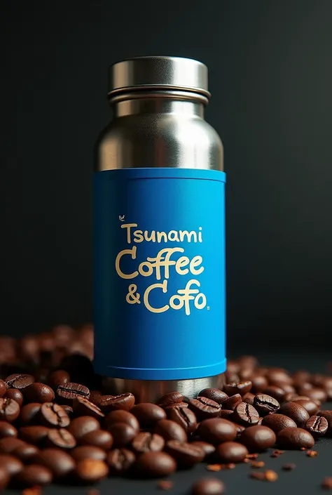 A coffee bottle with metal cap   named Tsunami coffee & Coco with blue tone.
Bottle  on coffee beans
