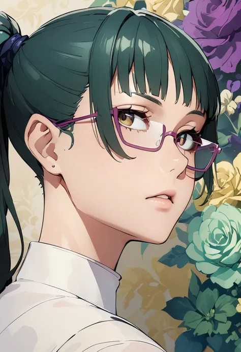 zenin maki with green hair and glasses, fine details. best anime 4k konachan wallpaper, beautiful anime portrait, stunning anime...