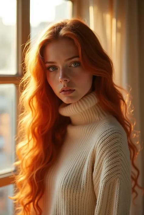 The image features a stunningly ethereal scene, sad1es1nk is at the center, bringing her distinct features to the beautiful apartment setting. she has long, wavy red hair that flows gracefully down her back, its rich auburn hue catching the light and givin...