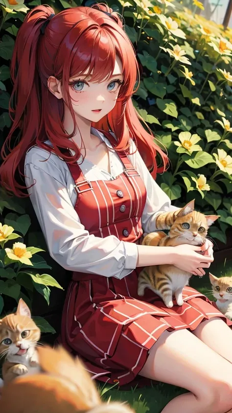 Cute red haired girl in striped dress next to a bunch of kittens
