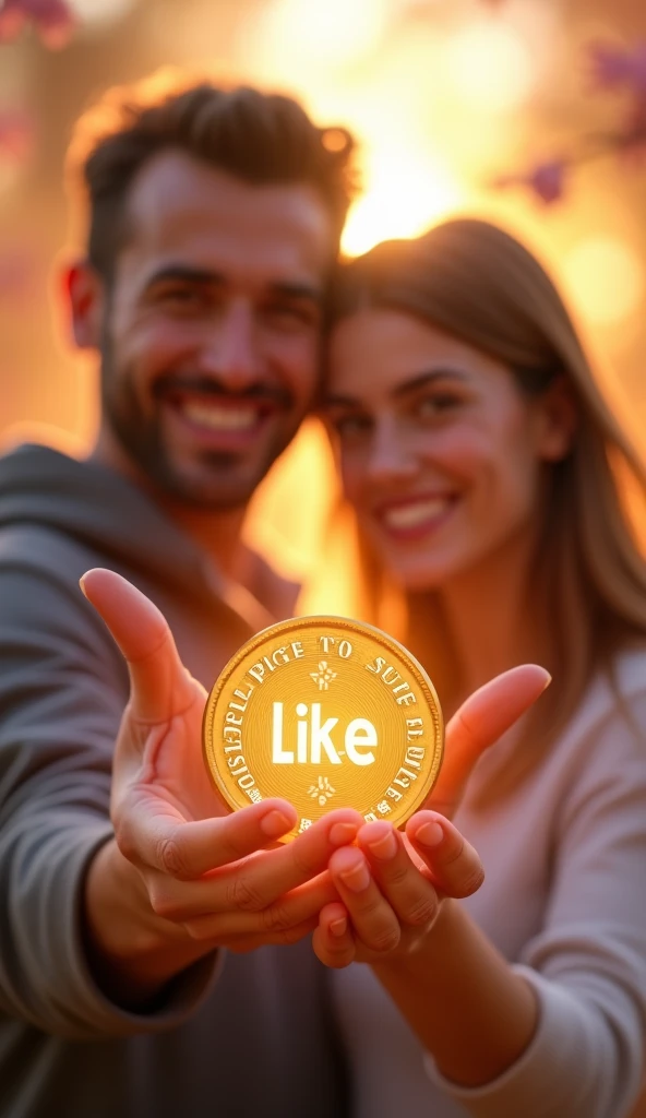 We need an image of a beautiful mom and dad who is holding a red colored coin with both her hands and has written like and subscribe on it with a big character and has made a like sign on it. Surrounded by sunlights suscribe bhi mote character me likha ho ...