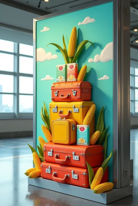 Create a creative and disruptive image to promote gluten-free corn flours, The billboard will be placed in an airport terminal to welcome travelers to their destination., The image must contain suitcases, Corn and flour packaging 