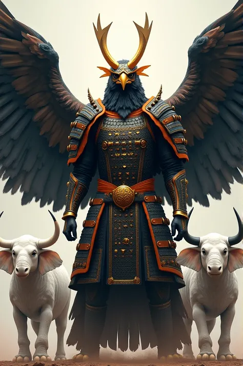 Eagle with black and orange samurai warrior armor below the eagle, next to a white elephant and a white bull that are his servants  