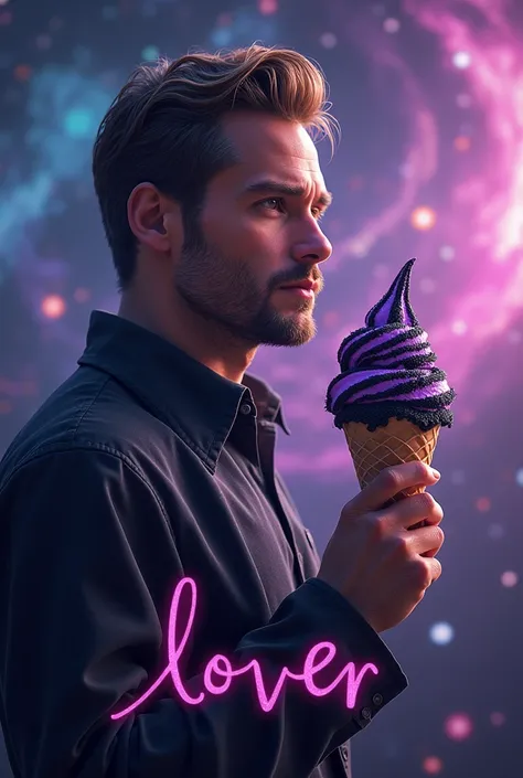 Design a photorealistic image of actor Travis Fimmel with a purple and black ice cream, in the background the universe of colors, and that at the bottom it shows the name "lover"