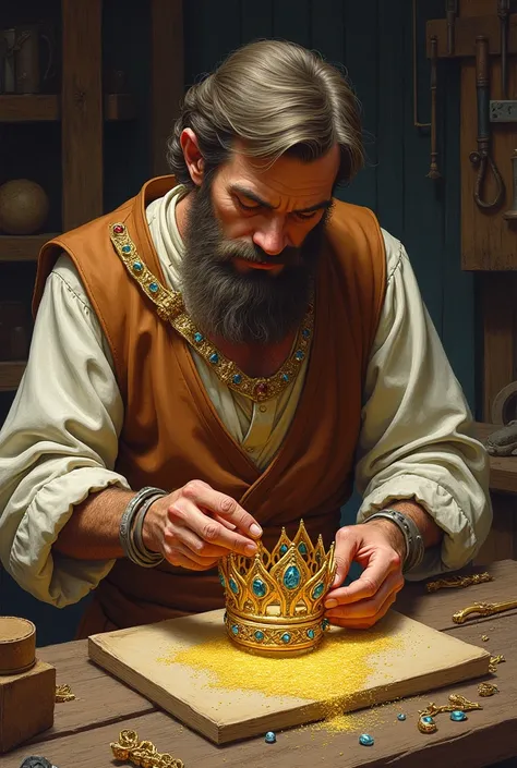 drawn in the form of a colored drawing, a medieval craftsman making a gold crown with precious stones