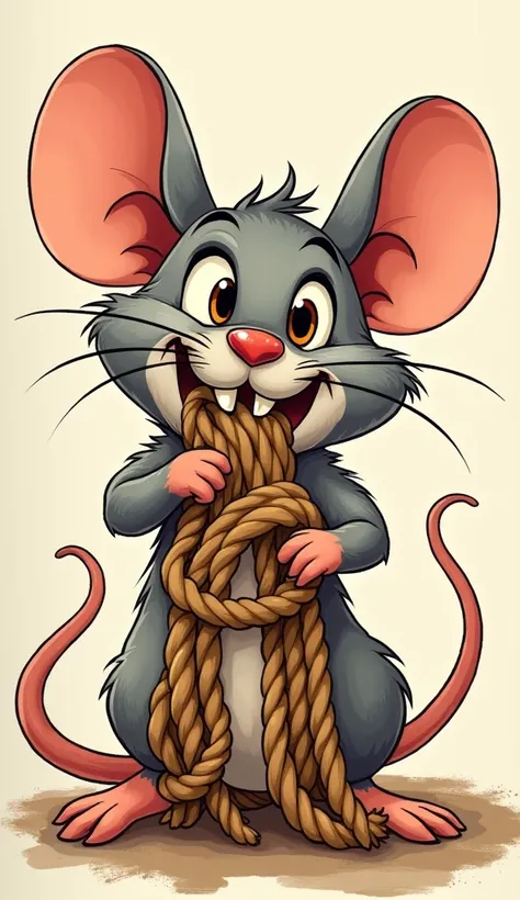 Show a mouse closeup chewing ropes.
Show as cartoons 