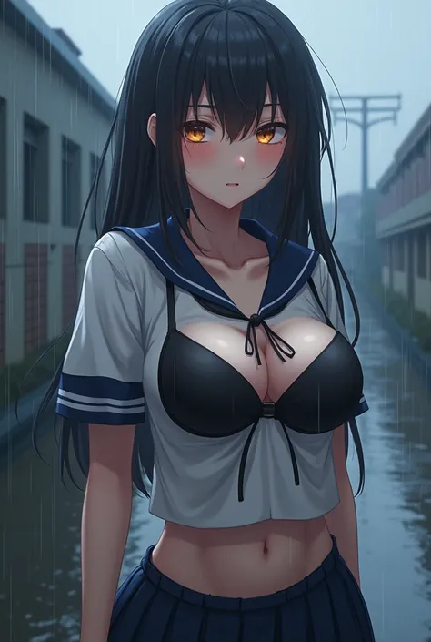 A beautiful anime girl with large breasts, wearing a school uniform, extremely detailed, rainy, wet body, visible black bra