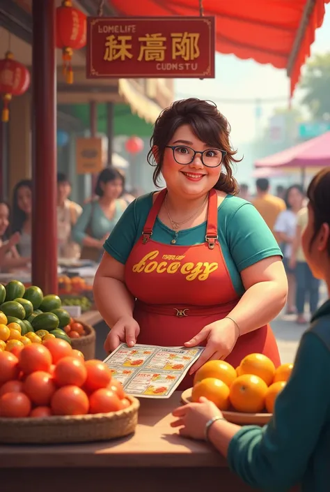 Create an image of a beautiful female vendor, a big-eyed, plump woman, selling lottery tickets. There are customers buying lottery tickets in a fresh market. There is a sign with the shop name Patch Fu Fu Lottery.