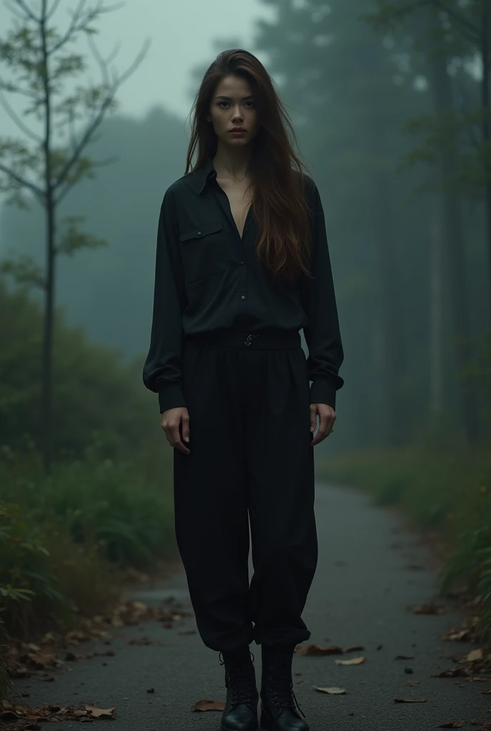 Brown hair, Bullish, black loose clothes, shirt and pants, black boot, longye hair, dark shaped eyes, a 30 year old woman, in a place at dusk, Surrealism, 8k, super detail, high details, high quality, make her be a thai, the face is a little long, the jaw ...