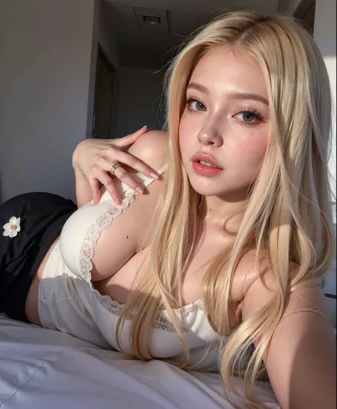 blonde woman with long hair and white dress posing for a photo, A girl with blonde hair, with long blonde hair, linda mulher sul-korean, parque roseanne de blackpink, long blonde hair and big eyes, white hime cut hairstyle, fair skin curly blonde hair, wit...