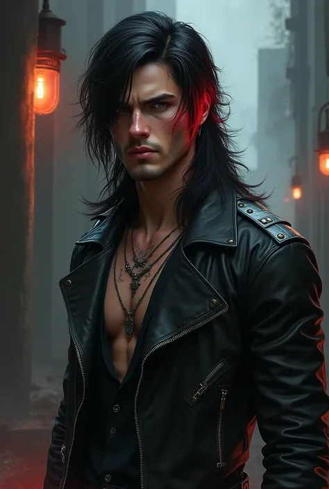 male character, long black hair with red streak