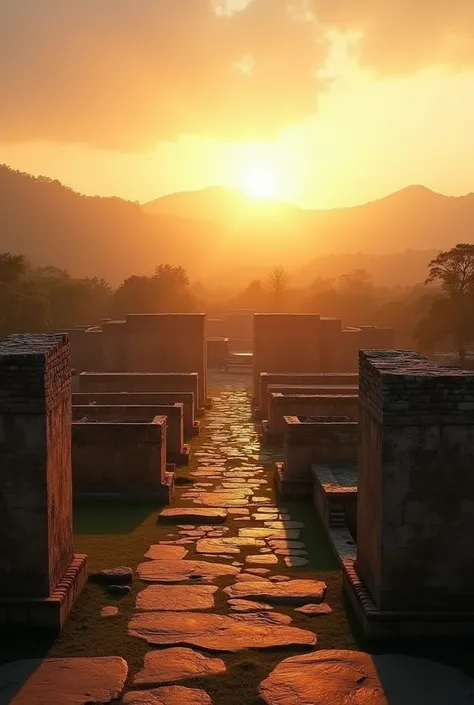 "Panoramic view of the Mahasthangarh archaeological site at sunset, with the golden light casting long shadows over the ancient ruins and the surrounding landscape."