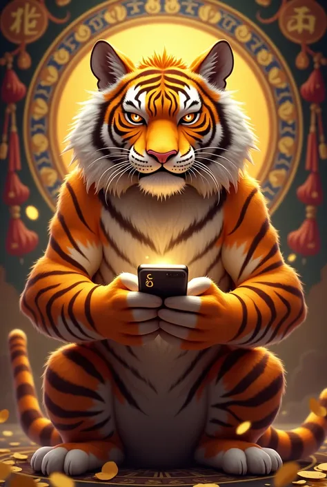 Fortune tiger slot game character holding a phone 