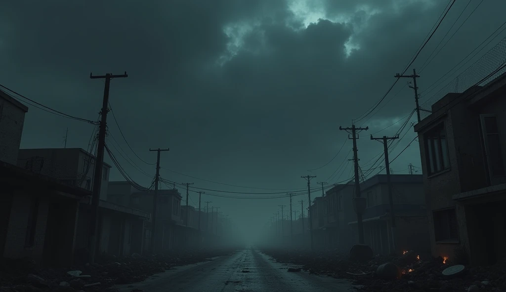 Create an ultra-realistic image of an apocalypse known as &#39;Three Days of Darkness&#39;. The setting should portray a dense and oppressive atmosphere, with a sky completely covered by thick, dark clouds, blocking any light. Streets and buildings are plu...