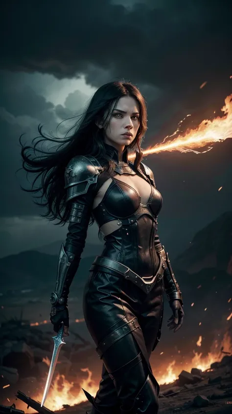 Create an image for an Instagram Story inspired by the song The World is Yours by Arch Enemy. The scene should depict a powerful, armored female warrior standing victorious on a battlefield, surrounded by flames and a dark, stormy sky. Her expression is fi...