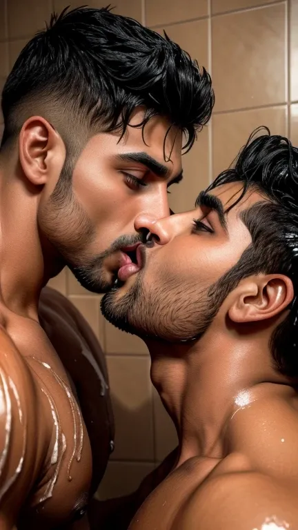 Pehlwan man Indian Gurjar gay couple wetty mouth to mouth tounge to tounge kissing and sucking lower lip, bitting lower lip during kissing saliva dripping from mouth with big shinning eyes big lips wide jawline beautiful hunk face spiky black hairstyle, se...