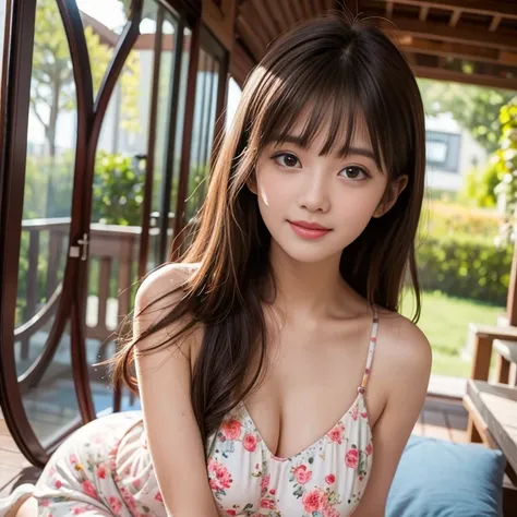 laughing out loud，travel scenery photos，Wear a cute floral dress，1 female, On the face, light brown hair, blunt bangs, hair behind ears, Shoulder-length hair, long hair, Slender body type, 超face slimming型, face slimming, delicate lips, beautiful eyes, Thin...