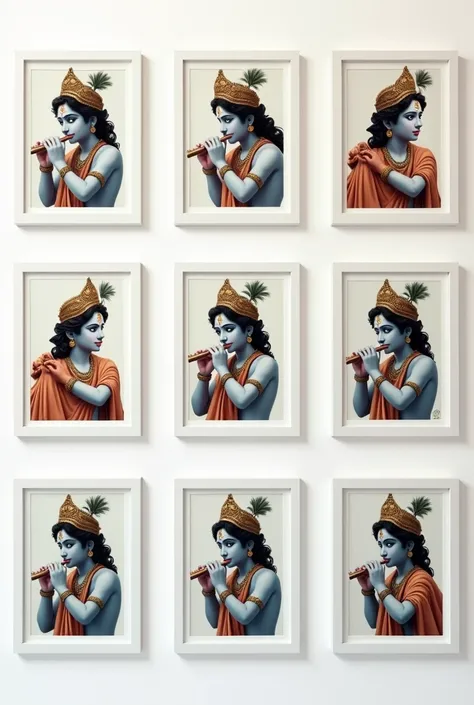 A bunch of krishna with flute in 9 white frames mounted on the white wall for branding