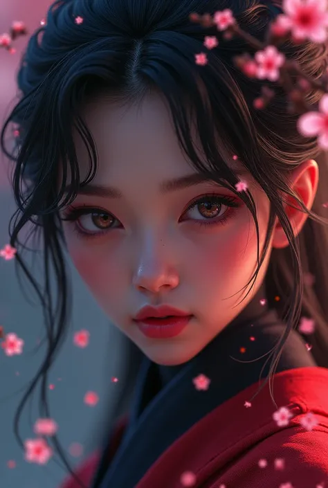 detailed portrait of a young female demon slayer, beautiful detailed eyes, beautiful detailed lips, extremely detailed face and eyes, long eyelashes, determined expression, japanese samurai armor, katana sword, cherry blossoms, dark moody lighting, dramati...