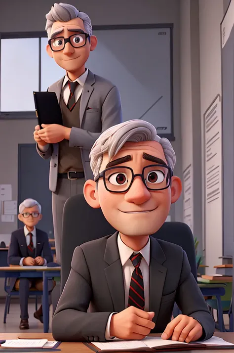 Male teacher, gray hair, black eyes, glasses, blazer without tie, classroom background, teacher explaining a subject, 4 images of the same character in different positions and scenarios