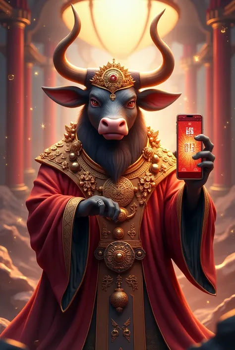 Fortune Ox slot pg game character holding a phone , showing the screen, written MISTER&#39;S GROUP