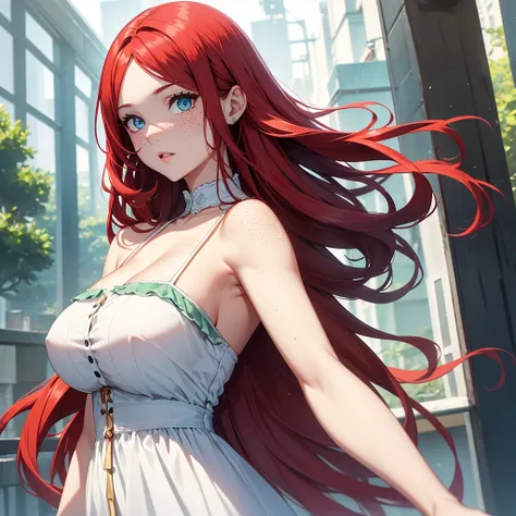 A white girl with big breasts and a thin body, having long red hair and having blue left eyes and green right eyes, having freckles on her cheeks, wearing a cute white dress.