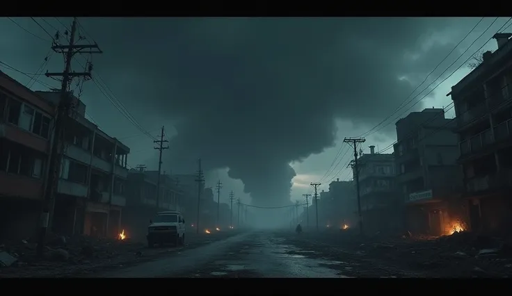 Create an ultra-realistic image of an apocalypse known as &#39;Three Days of Darkness&#39;. The setting should portray a dense and oppressive atmosphere, with a sky completely covered by thick, dark clouds, blocking any light. Streets and buildings are plu...