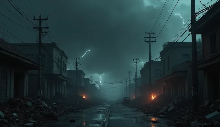 Create an ultra-realistic image of an apocalypse known as &#39;Three Days of Darkness&#39;. The setting should portray a dense and oppressive atmosphere, with a sky completely covered by thick, dark clouds, blocking any light. Streets and buildings are plu...