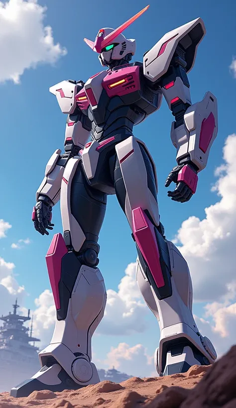 Anime Style, Giant humanoid robot, A full-body image of a Zeus-like female super robot in black, white and pink　universe, Battleship, 