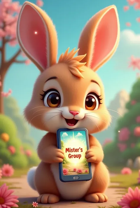 Fortune rabbit cute slot pg game character holding a phone , showing the screen, written MISTER&#39;S GROUP