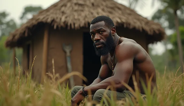 An African hunter with short hair sitting in front of a hut and wondering
