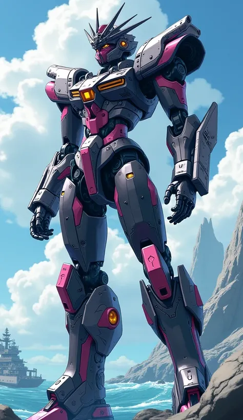 Anime Style, Giant humanoid robot, A full-body image of a female super robot in black, white and pink, resembling Poseidon　universe, Battleship, 