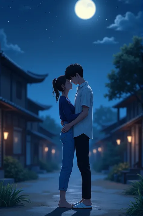 Create a picture of a couple hugging each other standing in aisel at mid dark night girl with pony tail barefoot in neavy blue top and light blue jeans and boy in black pant white shirt with white slippers in a village