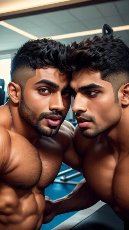 Pehlwan man Indian Gurjar gay couple wetty mouth to mouth tounge to tounge kissing and sucking lower lip, bitting lower lip during kissing saliva dripping from mouth with big shinning eyes big lips wide jawline beautiful hunk face spiky black hairstyle, se...