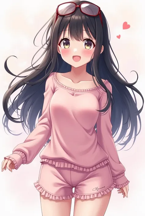 A happy blushing girl with long black hair wearing glasses on her head wearing a pink top and pink anime style shorts