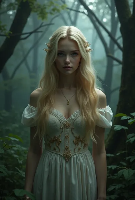 uma jovem de 20 anos, blonde, angelic face dressed as Liana Stark, in a gloomy forest