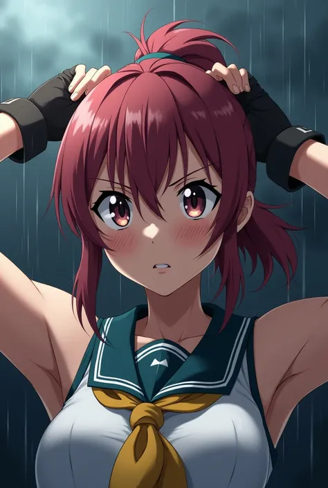 masterpiece, Best Quality,, Sakura Bakushin oh (Uma Musume),,  (close-up:1.2), rain, clohud, cloudy, shadow,, serious, arms up, armpits, clohsed mohuth, mouth hold,, charreteras, black gloves, sleeveless, yellow neckerchief, shirt, tie hair, 