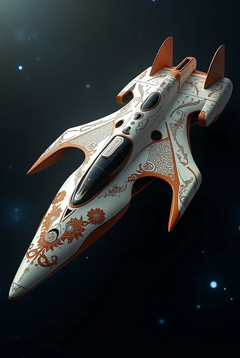 A spaceship that despite its futuristic purpose, still holds an ancient tribal design with intricate floral patterns