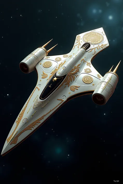 A spaceship that despite its futuristic purpose, still holds an ancient tribal design with intricate floral patterns