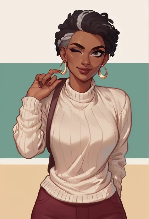 Akila, african american woman, short gray hair, defined body. wearing a beige sweater. is in a classroom. She winks with one eye.