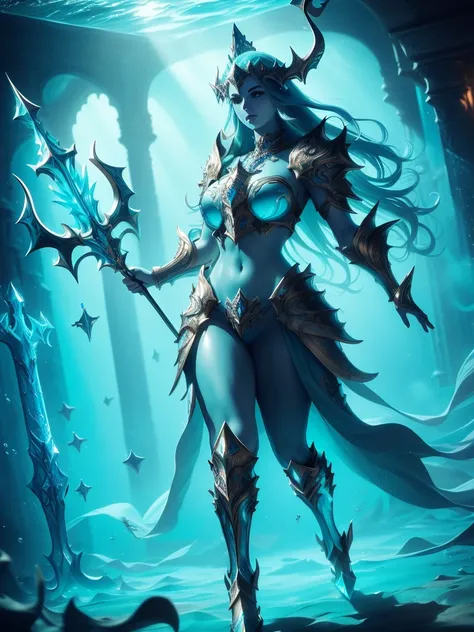 Photorealistic image ((Masterpiece)), ((high quality)) UHD 8K, of the Goddess Ran, goddess of the Nordic seas, realistic, Sea Elf, (medium chest), (thin waist), (long turquoise hair), ((body view full)), ((Full body fantasy armor)), ((breastplate)), with b...