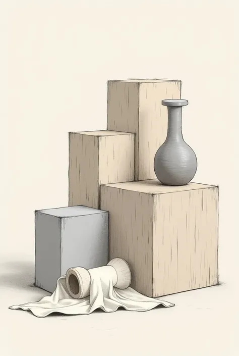 Make a 3 D composition with 3 wooden blocks and 3 metallic cylinders with a cloth. Render it with proper light shade and shadow. Sketch . Make it in sketching style 