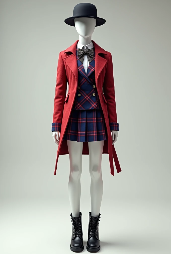 A mannequin wearing a Korean school uniform: a red and blue plaid topcoat waist-length that is not buttoned, a red and blue plaid short skirt, a red glittery bow tie, black lace-up boots, and a black bowler hat.