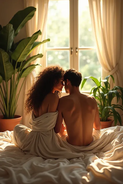 (photorealism:1.2), beautiful woman, sitting with his boyfriend on bed, wearing loose off-shoulder top, pajama pants, long curly hair, indoors, soft lighting, plants in background, window with sunlight, cozy room, relaxed pose, realistic, intricate details...