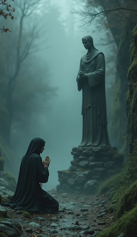 (best quality, masterpiece), dark fantasy world, nun of Fallen God, pray near broken statue of her God, simple grey and worn habit, (hints of magical aura,evoking a sense of mystery), (sinister and otherworldly, supernatural presence, ethereal ambiance)