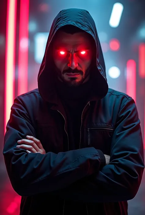 A man, with neon red eyes, hacker theme, background light, with arms crossed 
